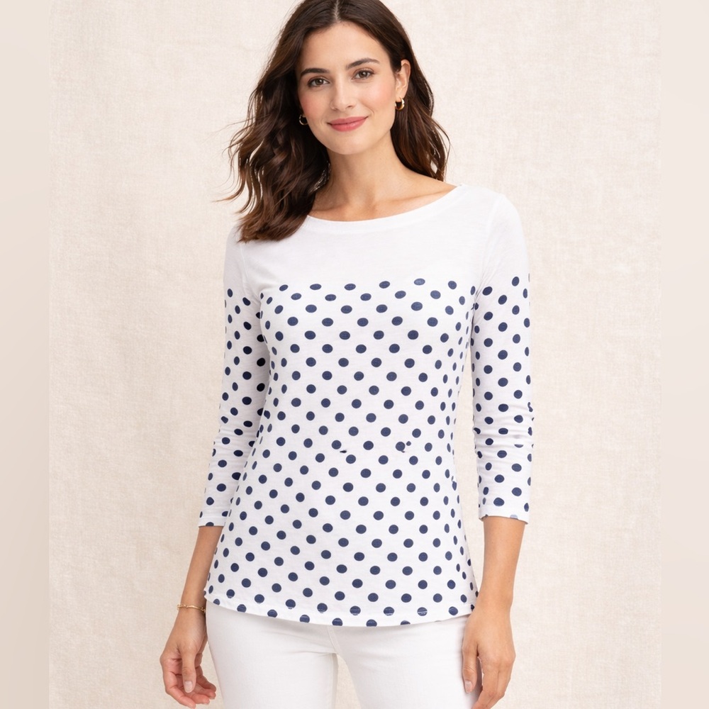 LOFT White Navy Polka Dot Boatneck Top | 3/4 Sleeve Lightweight Tunic Blouse
